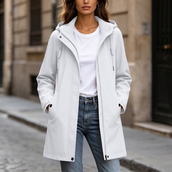 thefmos Women Plus Size Fall Winter Hooded Zip Up Coat Casual Basic Solid Outerwear Long Sleeve Jacket Cold Weather Fashion, White XL