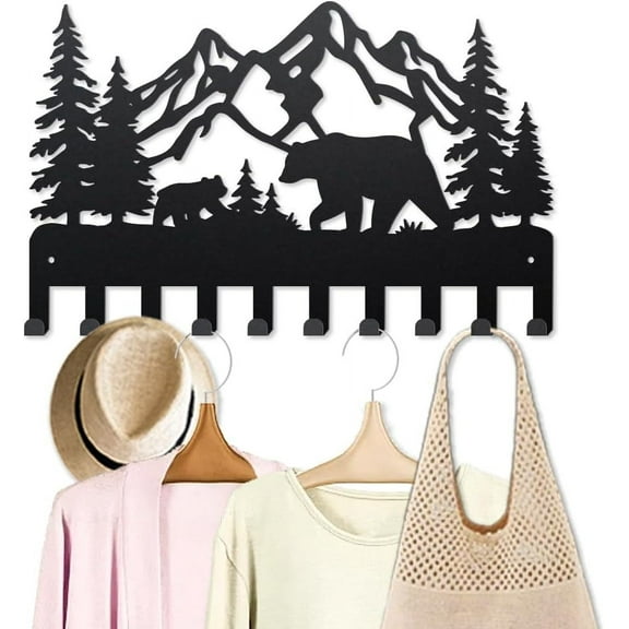 Mountain Bear Metal Coat Rack Forest Tree Animal Key Hook Wall Mounted 15.7×9.8inch 10 Hooks Wildlife Natural Landscape Gift Key Hooks