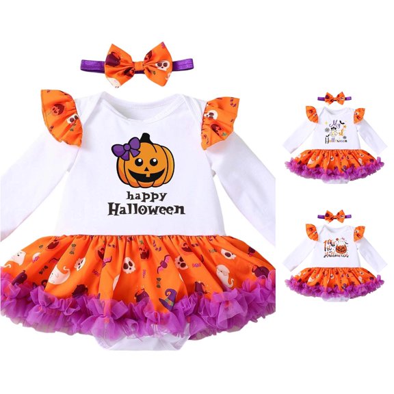 CUZIBR Girls Halloween Outfits Pumpkin My 1St Halloween Print Ruffle Long Sleeve Bodysuit Layered Tulle Skirt Bow Headband Three Piece Party Wear For Toddler 1 12 Months,Purple,3-6 Months