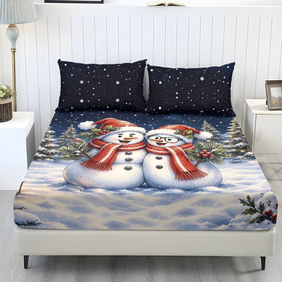 Aplkyhs Winter Snowman Print 3-Piece Bedding Fitted Sheet Set with 2 Pillowcases, Soft Breathable Wrinkle Resistant Machine Washable for Bedroom Guest Room Christmas Holiday Decor