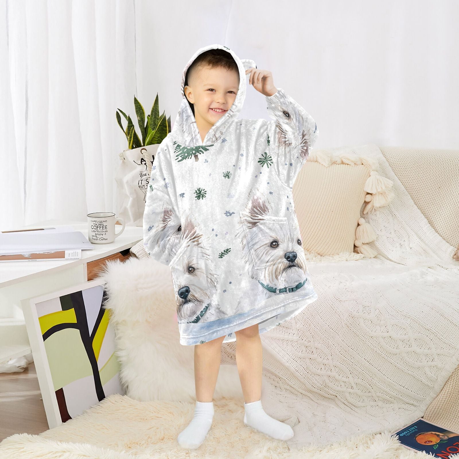 White Dogs Trees Oversized Wearable Blanket Hoodie Sweatshirt Flannel for Unisex Girls Boys