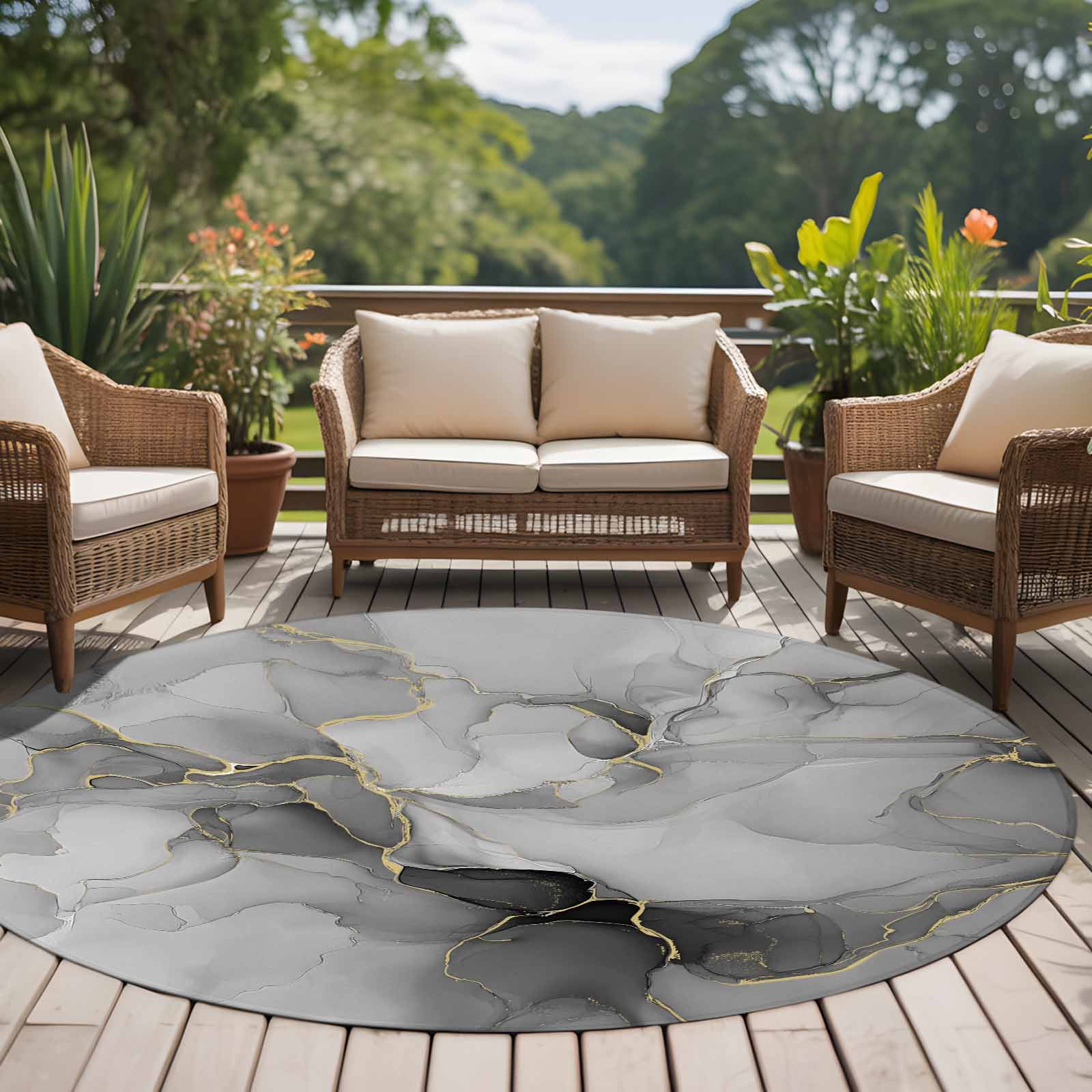 Grey Ombre Marble Round Rugs 7ft, Gray Marble Crack Abstract Modern Non Slip Washable Rug Runner, Low Pile Indoor Floor Carpet Mat Bathroom Rugs for Living Room, Bedroom, Kids Room