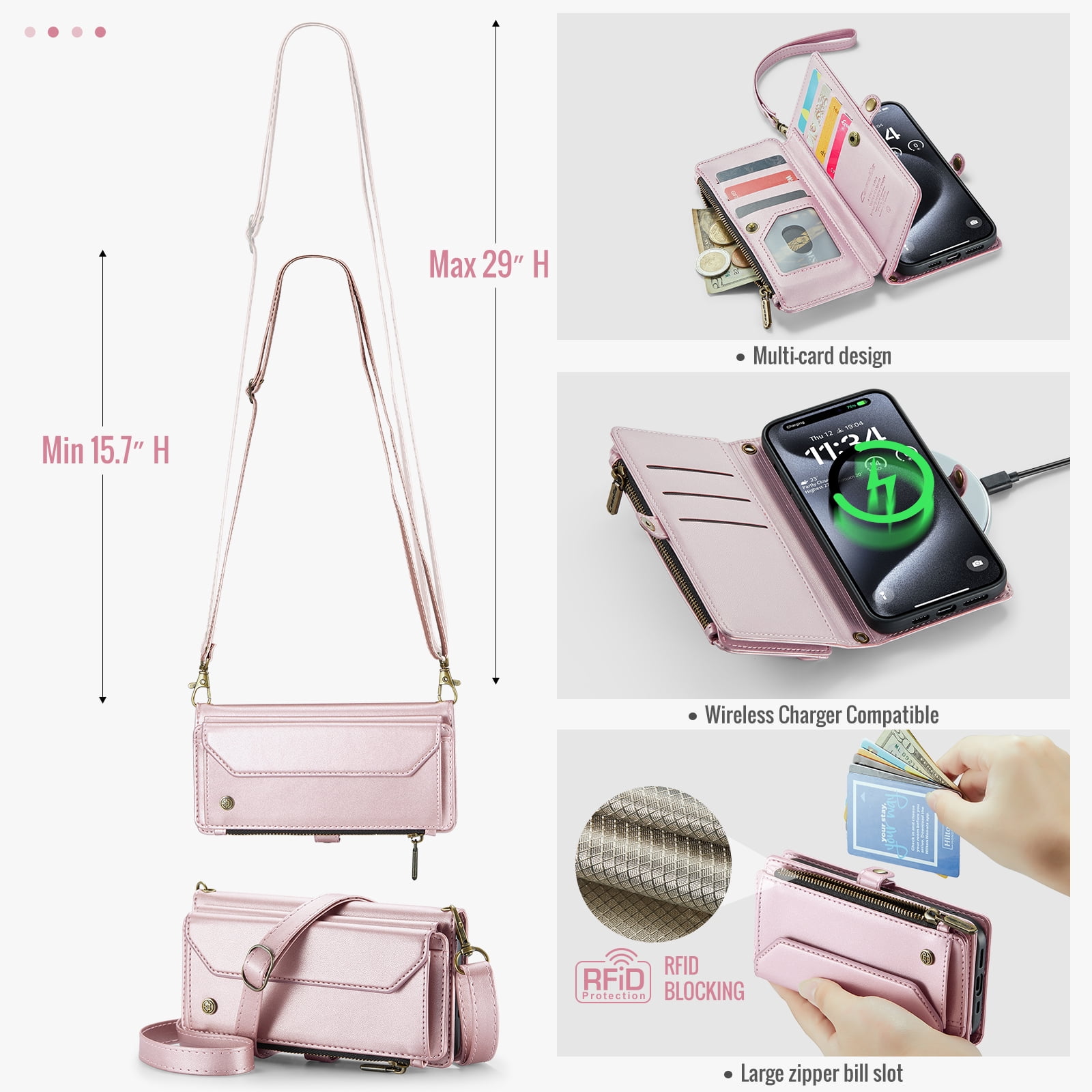 Dteck for iPhone 14 Plus Case with RFID Blocking Wallet Case for Women Men, Shockproof PU Leather Magnetic Flip Strap Zipper Card Holder Phone Case,Pink