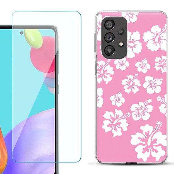 Slim-Fit Gel TPU Phone Case for Samsung Galaxy A33 5G, with Tempered Glass Screen Protector, by OneToughShield ® - Hibiscus Pink