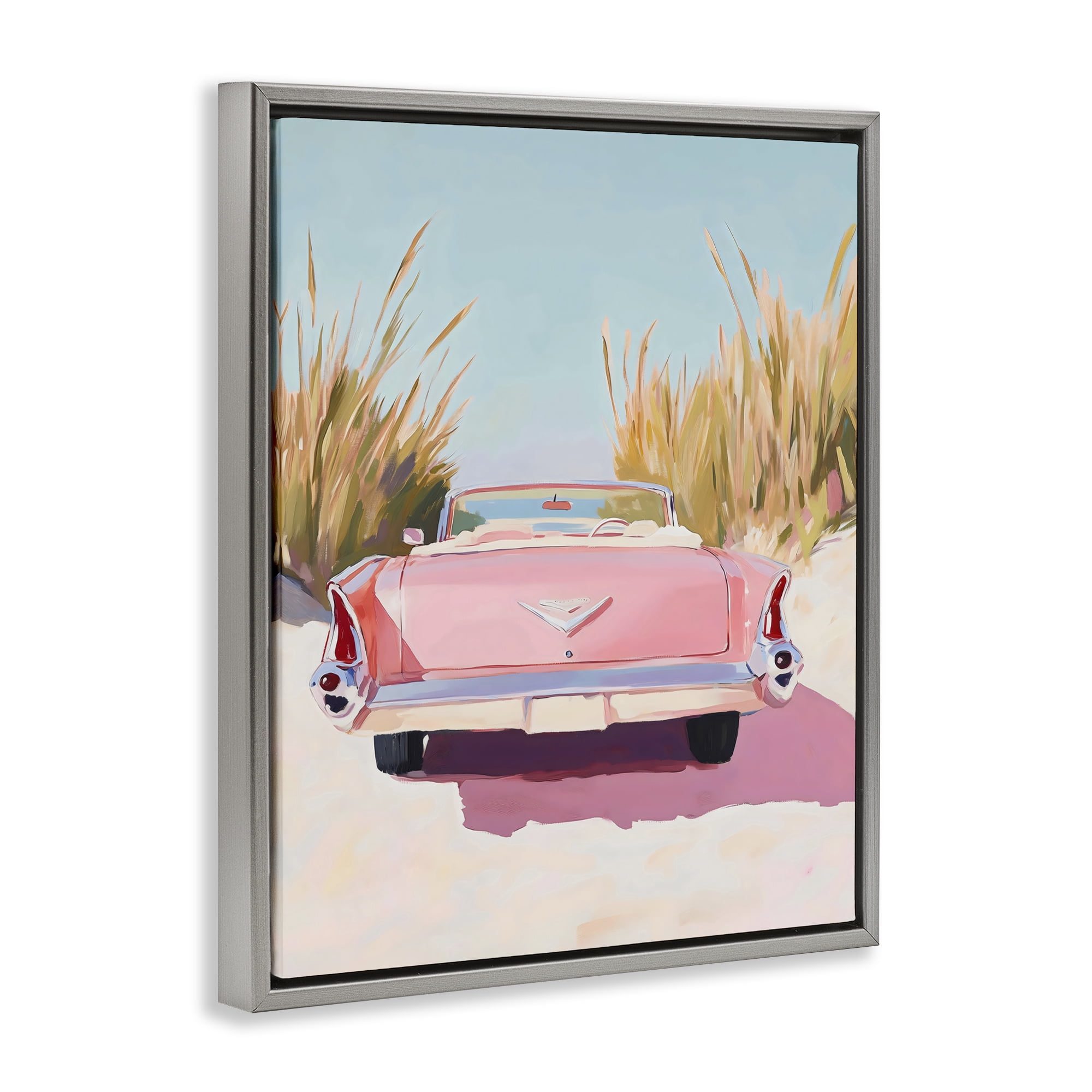 Stupell Industries Pink Cadillac on Beach Gray Framed Floater Canvas Wall Art, design by The Prints Vibe