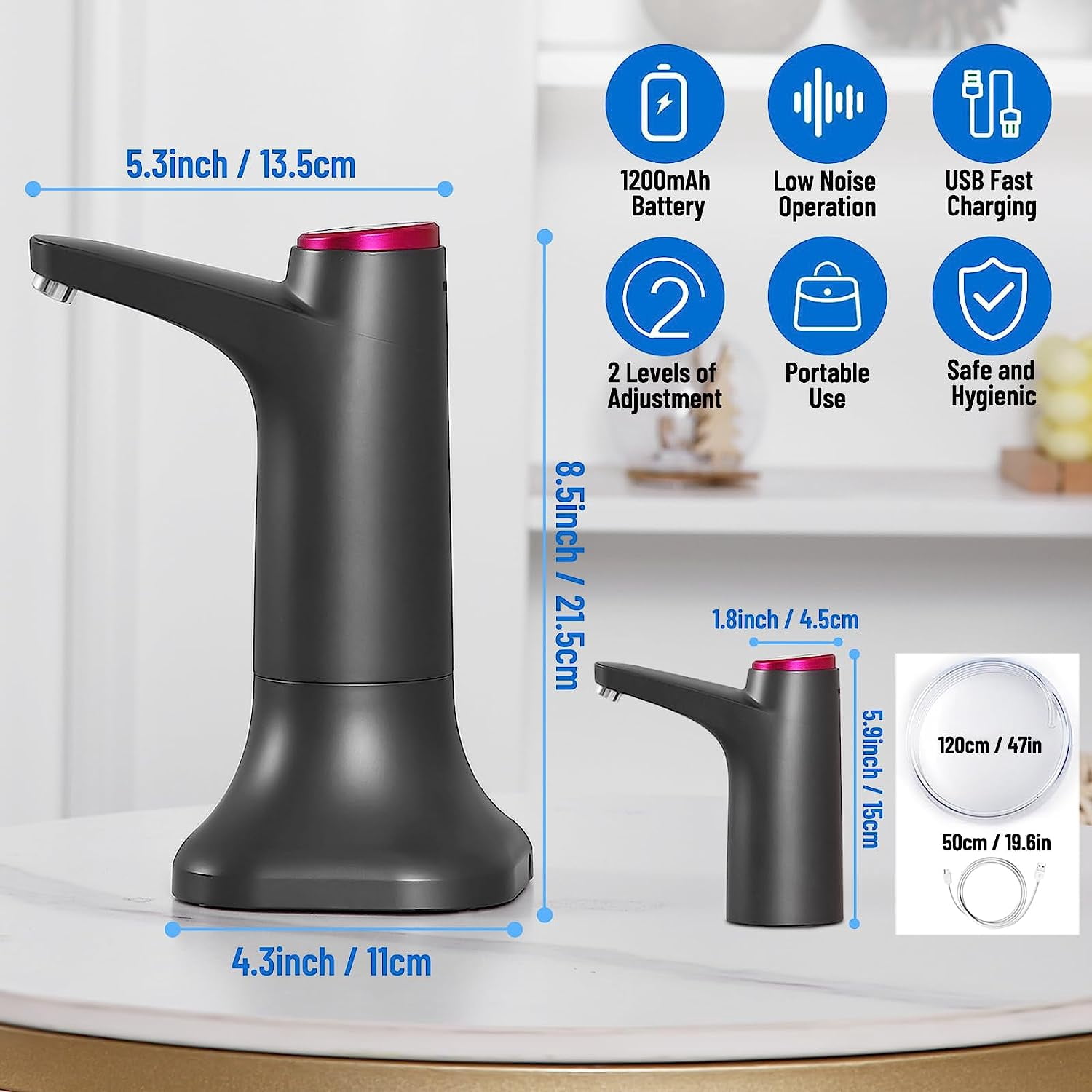 Hinzonek Desktop Water Bottle Dispenser Portable Electric Water Pump for Universal 3, 4 and 5 Gallon with USB Charging and Automatic off Switch, Black