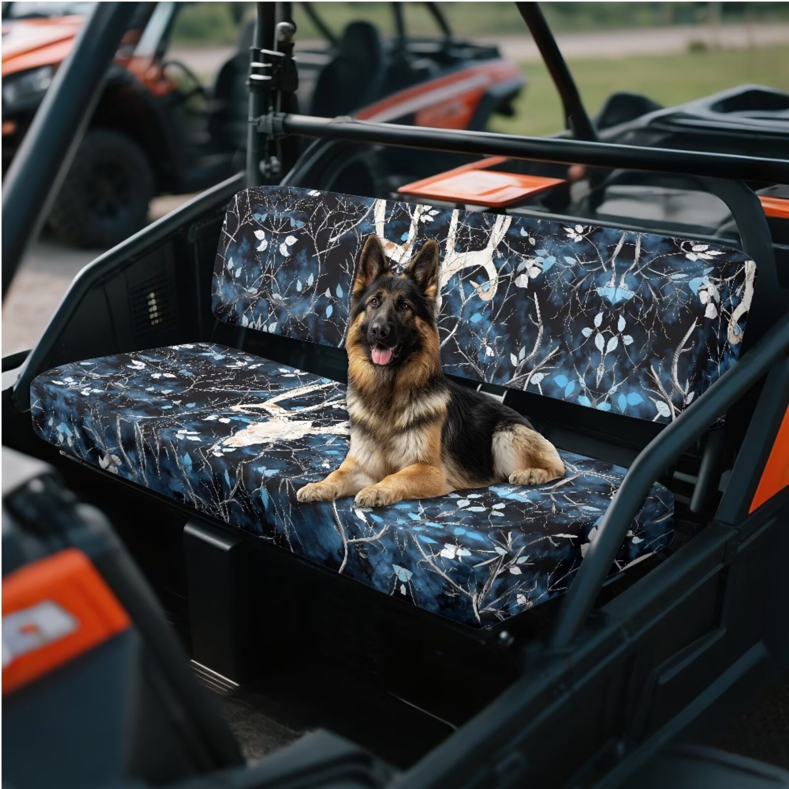 Uorisanigo UTV Seat Cover, Non-Slip Bench Seat Cover with Elastic Band, Dustproof Windproof All Weather Blue Camo Hunting Skull Deer Padded Protector for Kawasaki Mule 3000 3010 3020