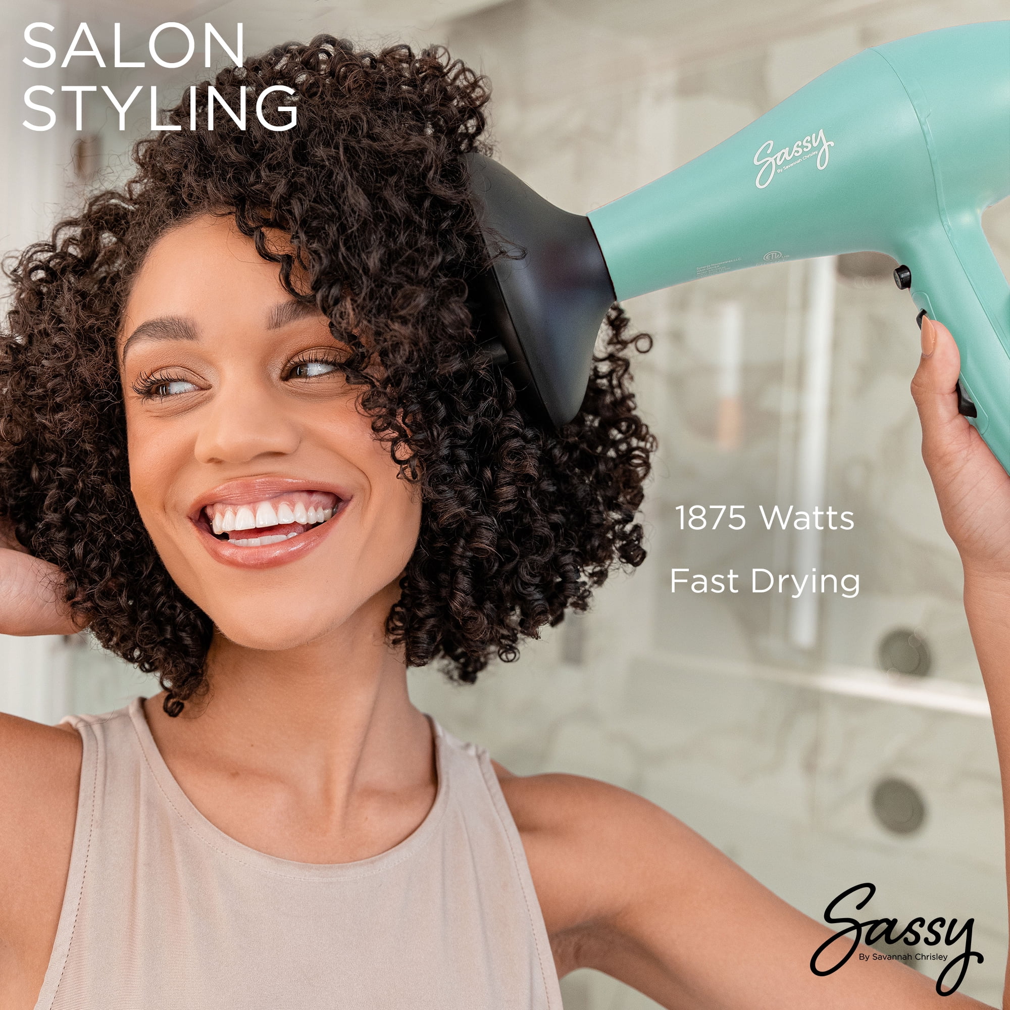 Sassy Ceramic Ion Hair Dryer, 1875-Watt Salon Dryer with Concentrator and Diffuser Green