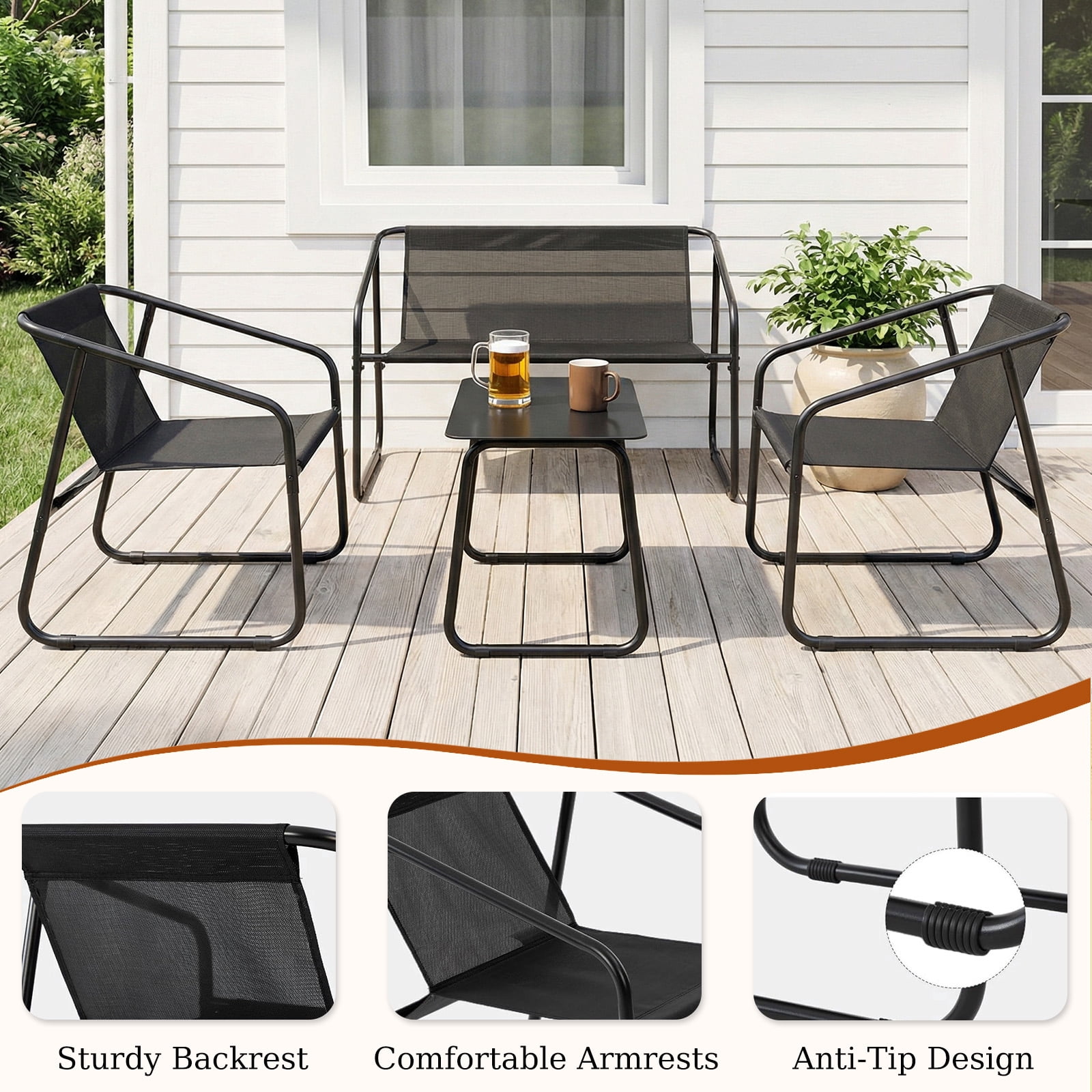Simenmax 4-Piece Patio Furniture Set, Outdoor Bistro Conversation Set with Tempered Glass Coffee Table for Garden, Poolside, Balcony, Black