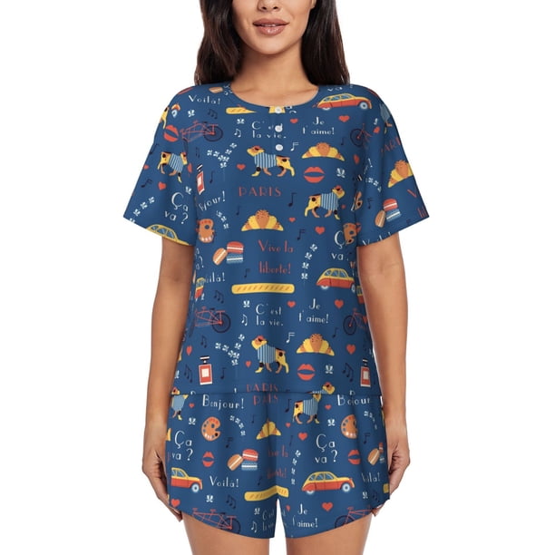 Fotbe French Bulldog Dog In Beret Conjunto de Pijama Estampado para Mujer, 2 Piezas, Ropa de Dormir con Camiseta de Manga Corta y Shorts Suaves-4X-Large
