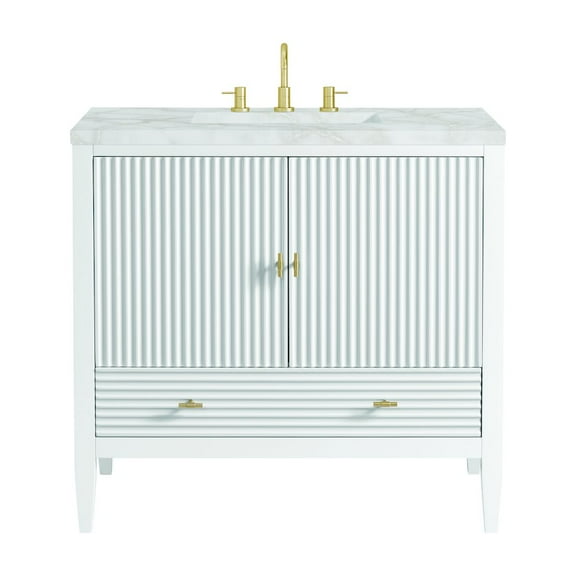 James Martin Vanities 36" Vanity, Bright White w/ 3 CM Victorian Silver Quartz Top