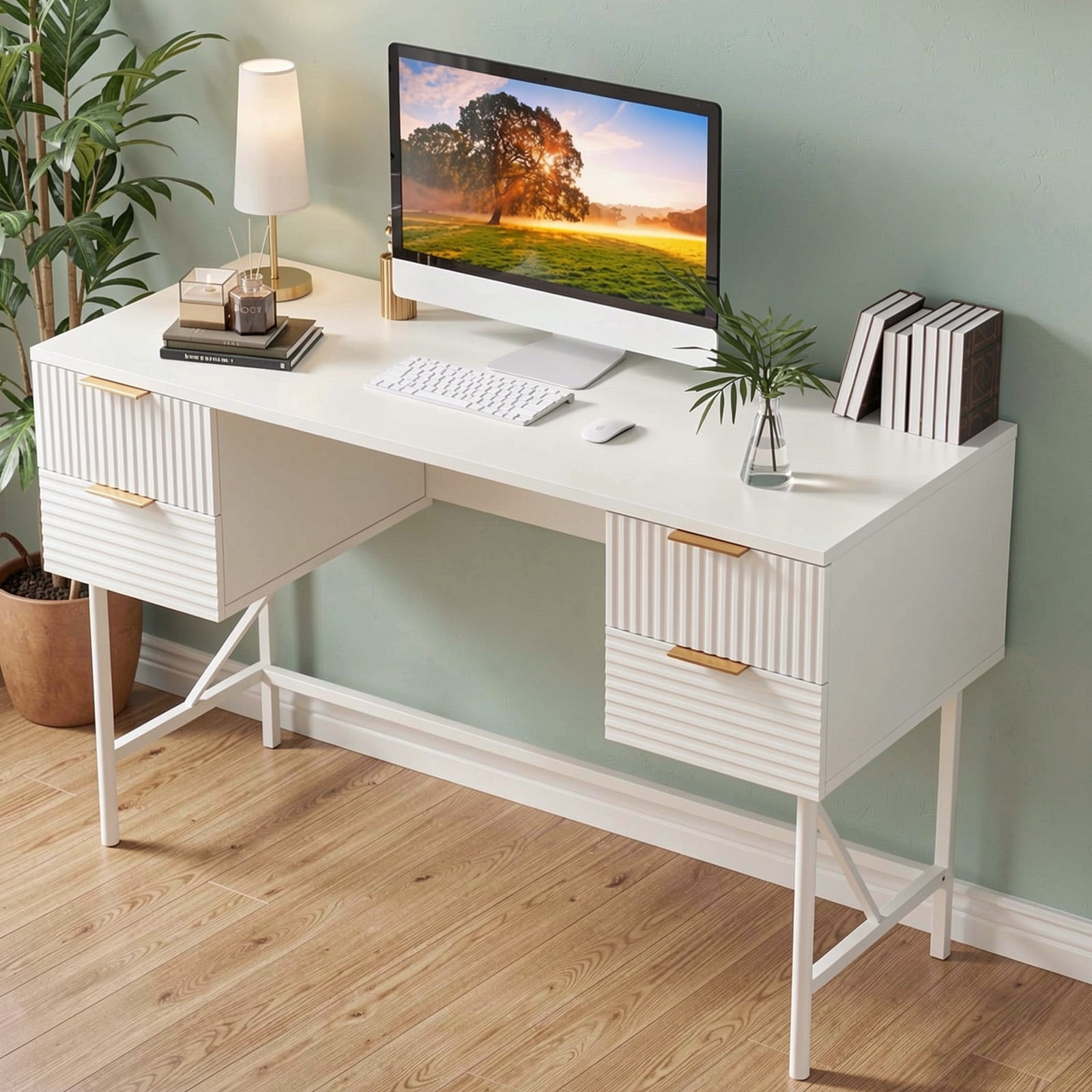 Furnibear 48 Inch Home Office Computer Desk with 4 Storage Drawers Powder-Coated Metal Frame Engineered Wood Top White