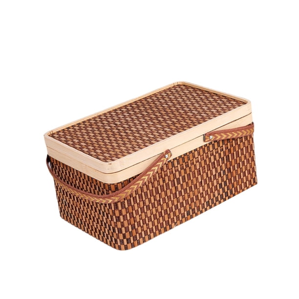 Organizador de cestas de bambú tejidas con tapa y asa para comida y aperitivos de pastel de luna. Marrón oscuro