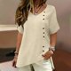 thumbnail image 4 of Craaazy Women's Lightweight Relaxed Fit V Neck Blouse, Solid Color Short Sleeve Cotton Linen Top, Comfy Asymmetric Hem Button Accent Tee for Work & Weekend Gifts, 4 of 9