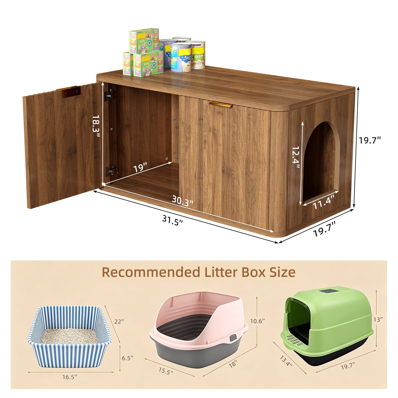 31.5" Walnut Cat Litter Box Enclosure, Mid Century Modern Fluted Hidden Litter Box Cabinet, Decorative Kitty End Table for Living Room, Bedroom and Entryway