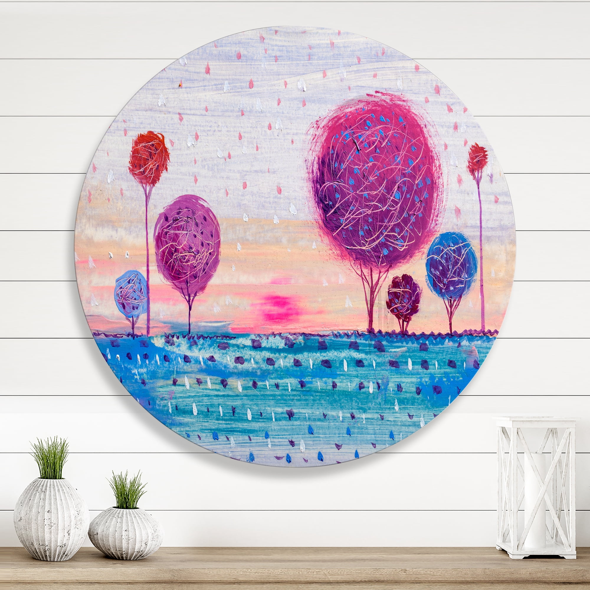Designart 'Purple Coloured Tree Impression Landscape II' Modern Circle Metal Wall Art 11x11 - Disc of 11