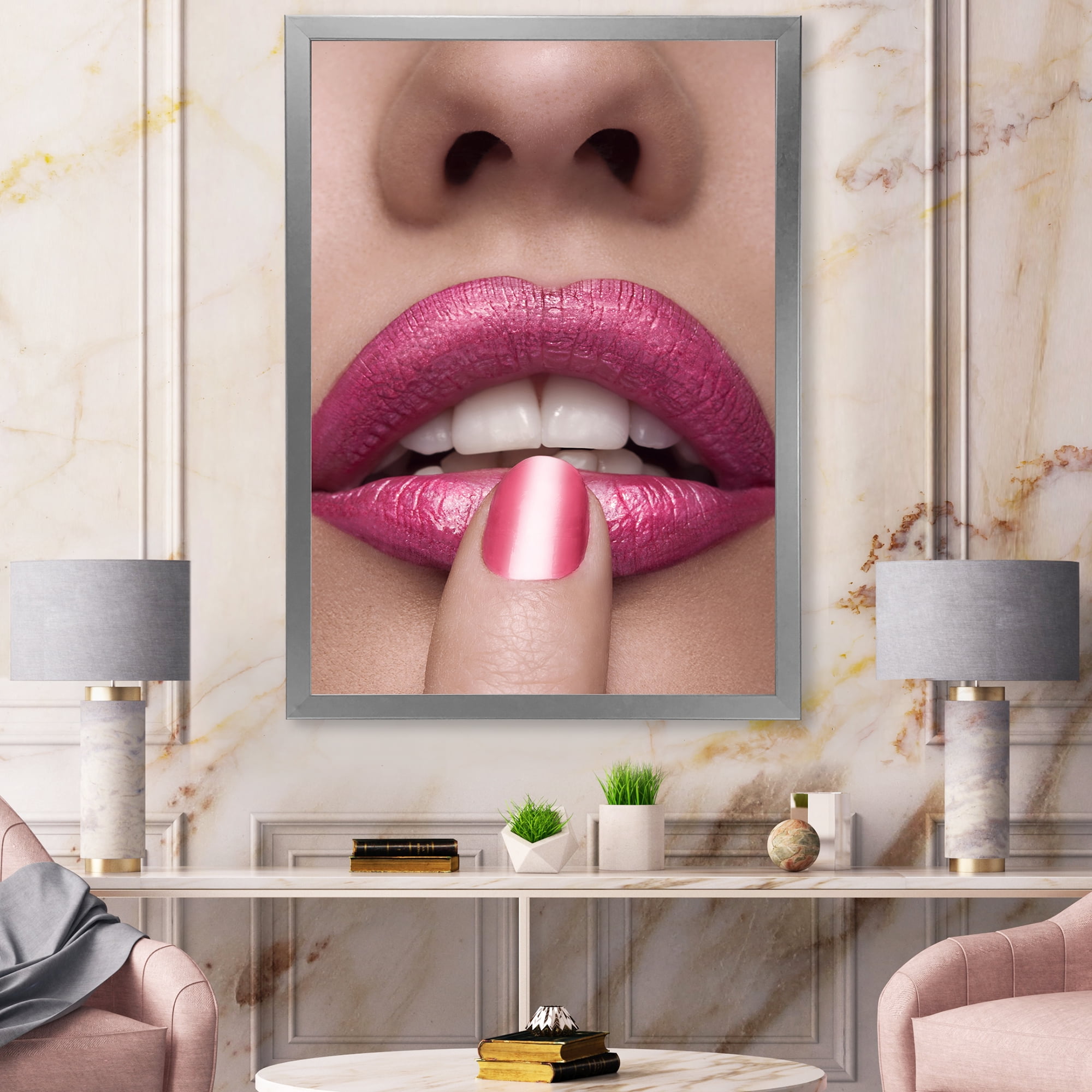 Designart 'Pink Female Lips With Finger On Mouth' Modern Framed Art Print