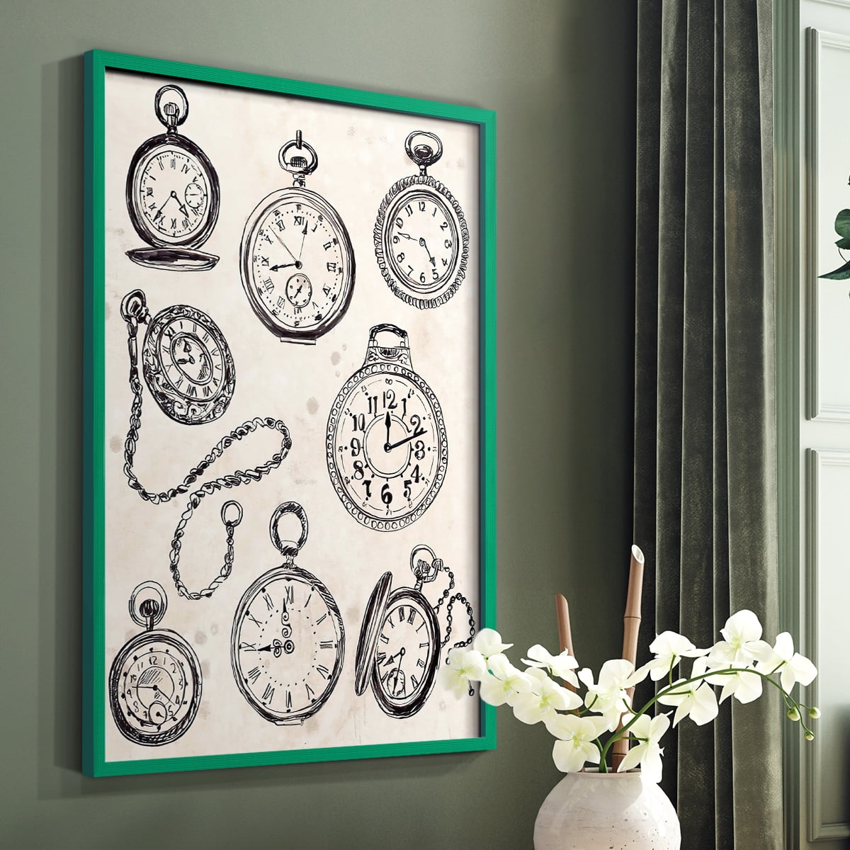 Pocket Watch Sketches II in Green Solid Wood 11 x 14 Framed Print