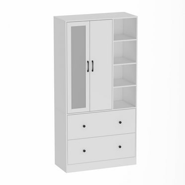 KULAGAGA 2-Door Large Wardrobe with Drawers and Open Shelves, Closet Storage Organizer with Mirror and Telescopic and Hanging Rod White
