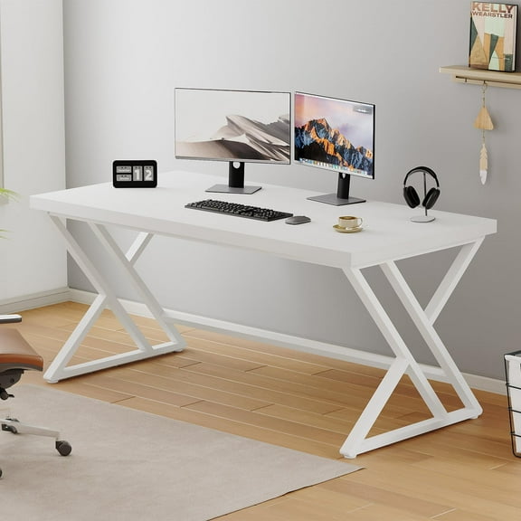 LVB White Computer Desk, Modern Wood Home Office Desk for PC Writing Work, Metal Wooden Executive Workstation Student Simple Desk, Computer Study Gaming Bedroom Table, 55 Inch, White Oak