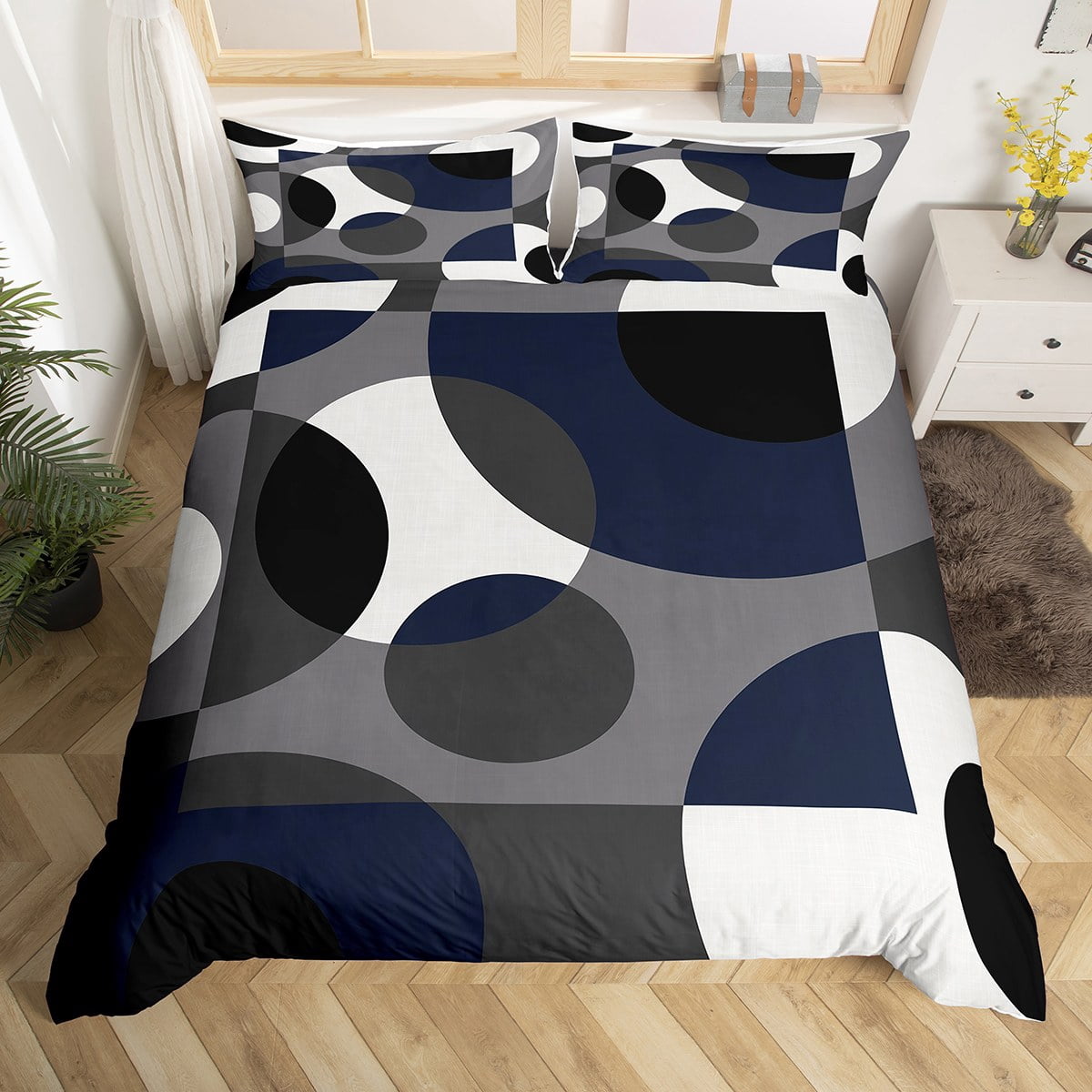 Blue Geometry Duvet Cover Circle Bedding Set Twin,Abstract Swirls Lines