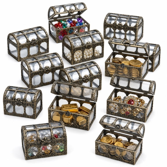 12Pcs Vintage Treasure Chest Storage Boxes, Clear Plastic Decorative Gift Boxes with Snap Lid, Small Trinket Display Containers