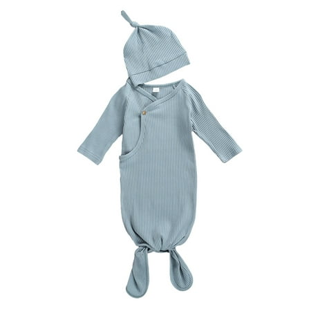 

Newborn Infant Baby Girl Boy Sleeper Gown Long Sleeve Striped Nightgown Romper Sleeping Bag with Hat 0-3 Months