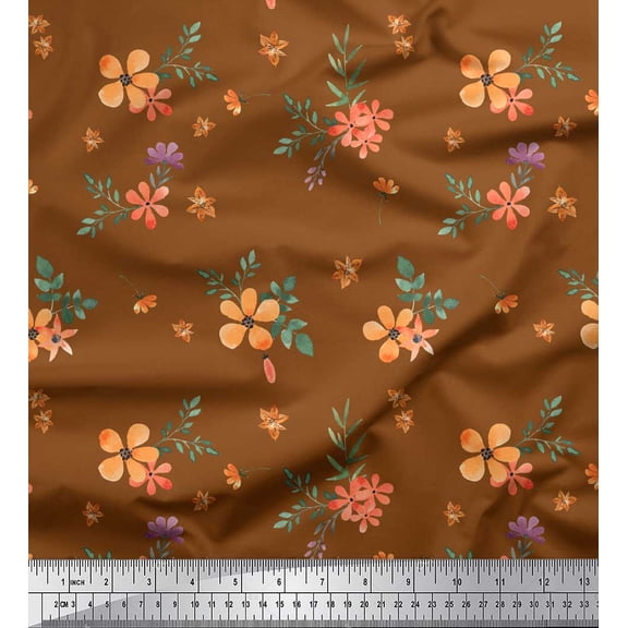 Soimoi Brown Cotton Duck Fabric Leaves & Flower Fabric Prints By Yard 42 Inch Wide