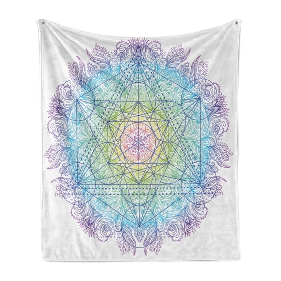 Ethnic Soft Flannel Fleece Throw Blanket, Mandala Round with Geometry Element Metatron Cube Alchemy Theme, Cozy Plush for Indoor and Outdoor Use, 50" x 70", Multicolor, by Ambesonne