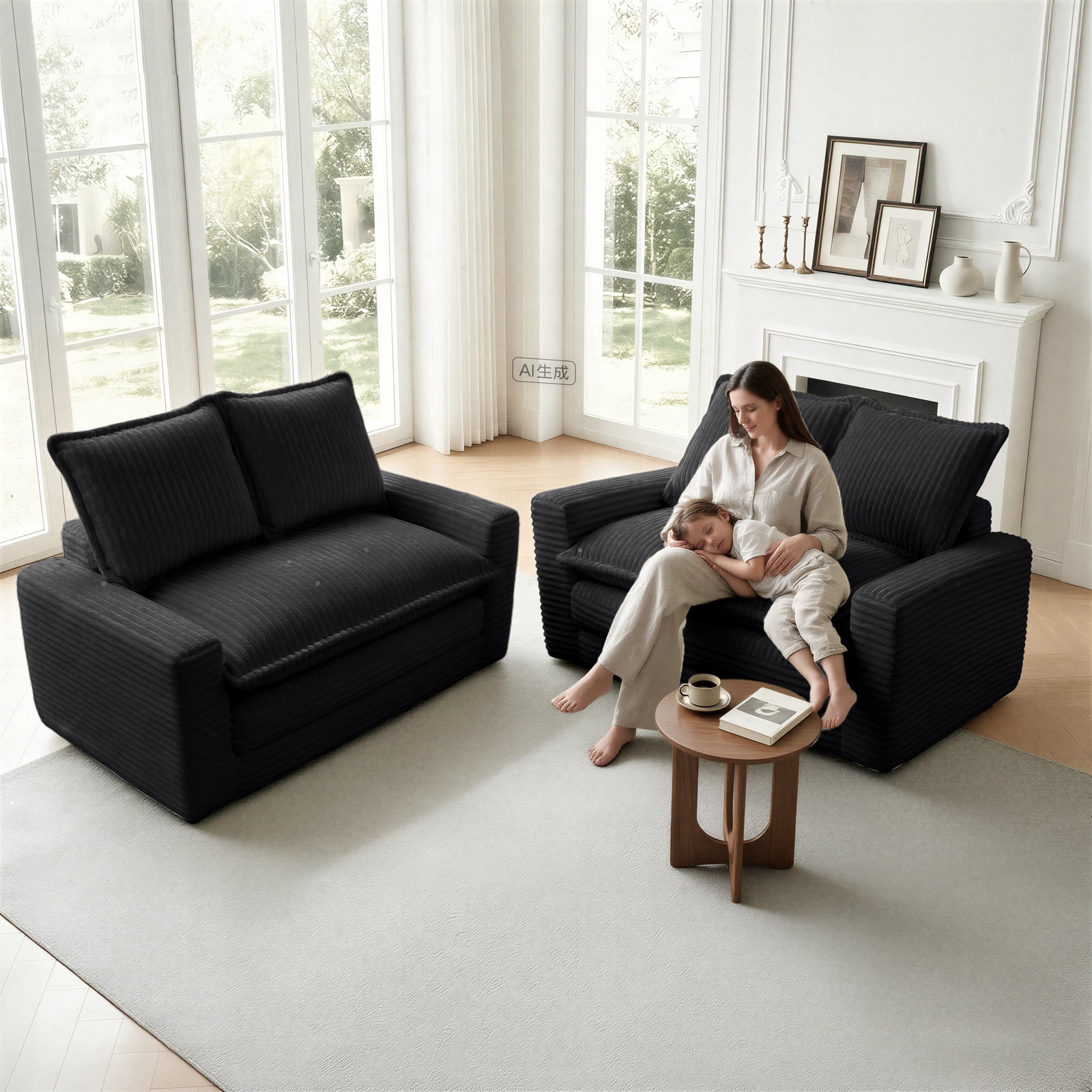 Kelyda Convertible Sofa Bed, 2 in 1 Modern Cloud Boneless Sofa Bed Loveseat Couch Sleeper Chairs for Living Room Black