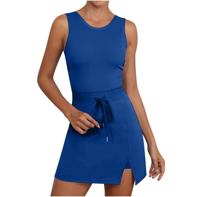 Dealovy Combinaisons Courtes pour Femmes Athlétiques Sans Manches Robe de Tennis avec Shorts Intégrés Été Taille à Cordon Robes Mini