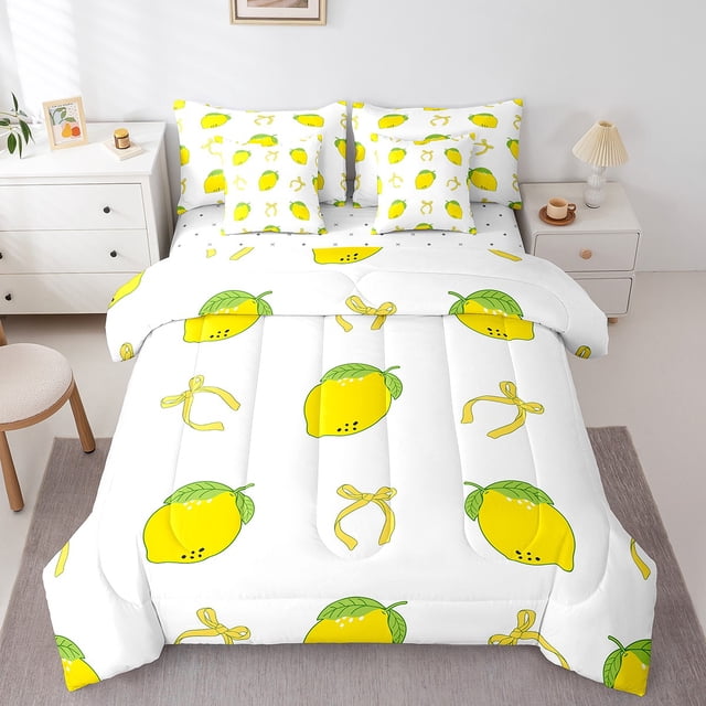 Erosebridal Lemon Fruit Bedding Sets Queen Size, Yellow Comforter Sets with Sheets, Cartoon Bow Decor, Reversible 7 Pieces