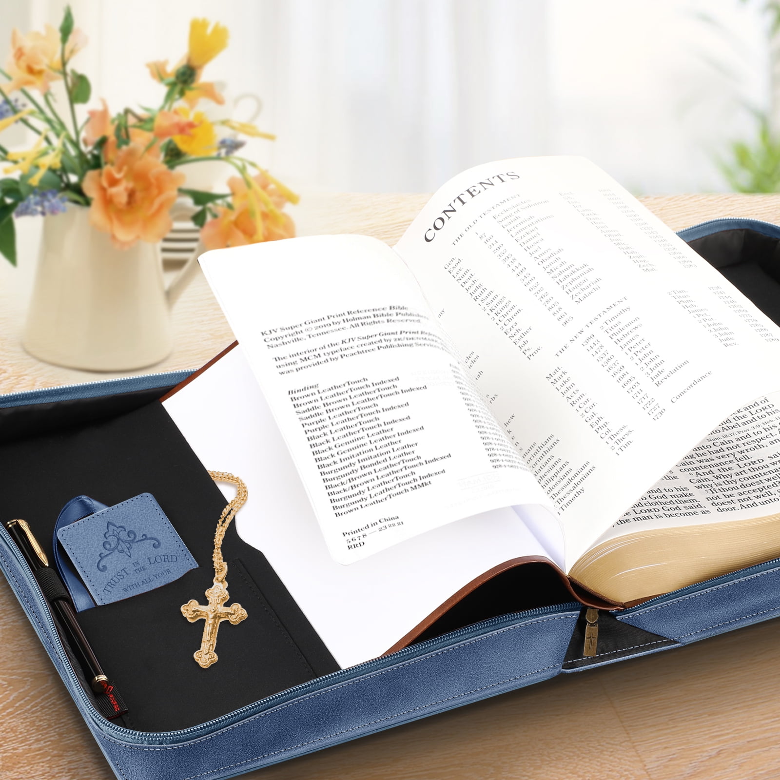 Classic Bible Cover, FINPAC Extra Large PU Leather Carrying Book Case Church Bag Bible Protective with Handle, Perfect Gift for Men, Women, Father, Mother, Friends [Trust in The Lord], Blue