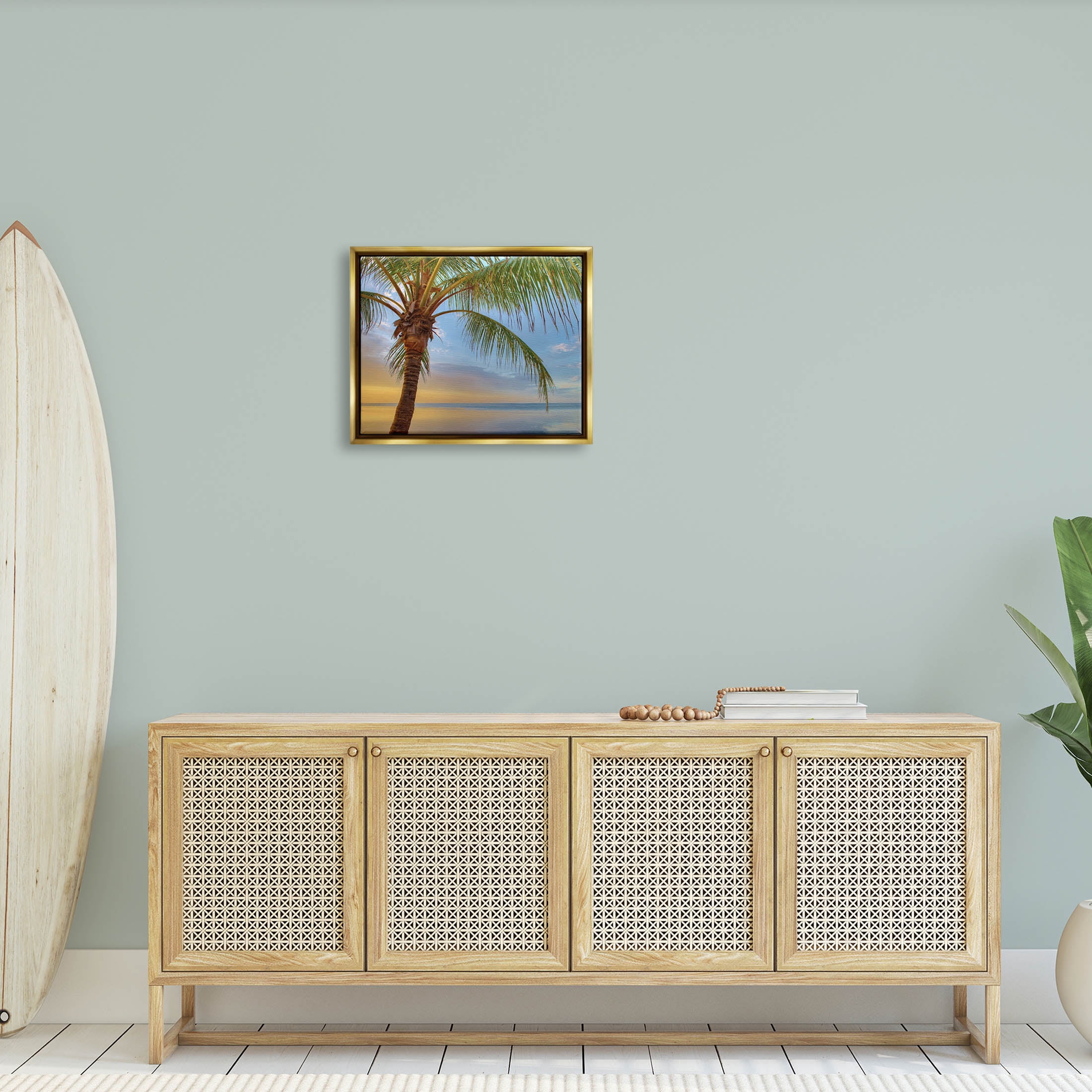 Sunrise Palm Tree Sky Reflection Coastal Photograph Metallic Gold Framed Art Print Wall Art