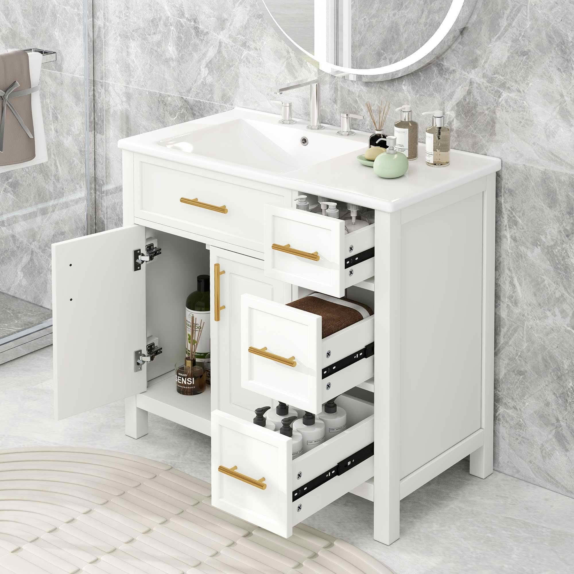 MAYEERTY 36" Bathroom Vanity with Sink Top 2 Doors 3 Drawers Solid Wood MDF White