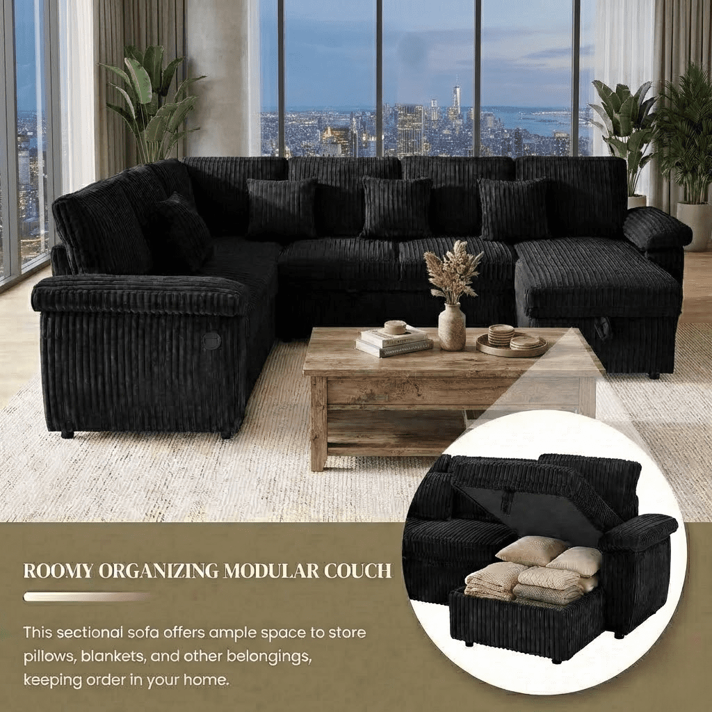 Howcool Modular Sectional Sleeper Sofa with Pull-Out Bed, U-Shaped Convertible 7-Seat Cloud Couch with Storage Chaise & USB Charging, Plush Corduroy Sectional for Living Room,Black