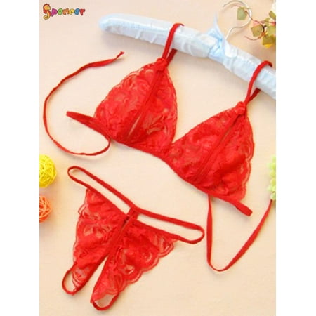 Spencer 2PCS Womens Sexy Lingerie Lace Bralette Bra Panty Set Floral Babydoll Strappy G String T-Back Thongs Panties Sleepwear  L Red