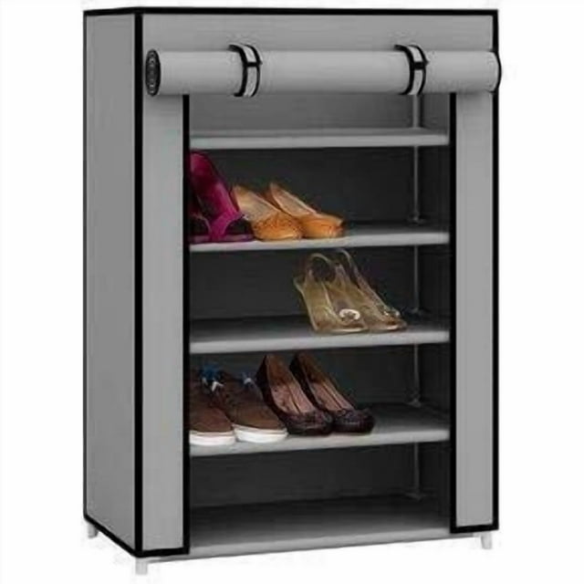 Zapatero Armable de 5 niveles- Clóset Organizador de Zapatos- Metal, Plástico y Tela Fácil de armar, Color Gris, Capacidad de 15 pares
