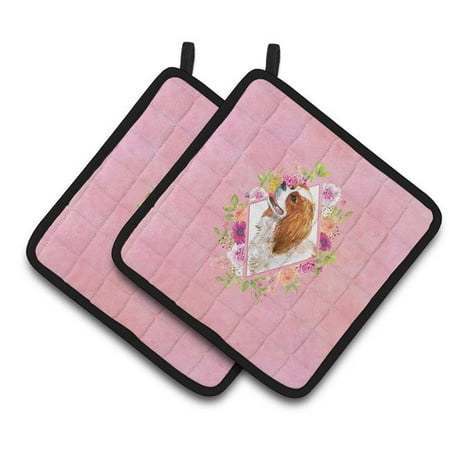 

7.5 x 7.5 in. Cavalier King Charles Spaniel Pink Flowers Pair of Pot Holders
