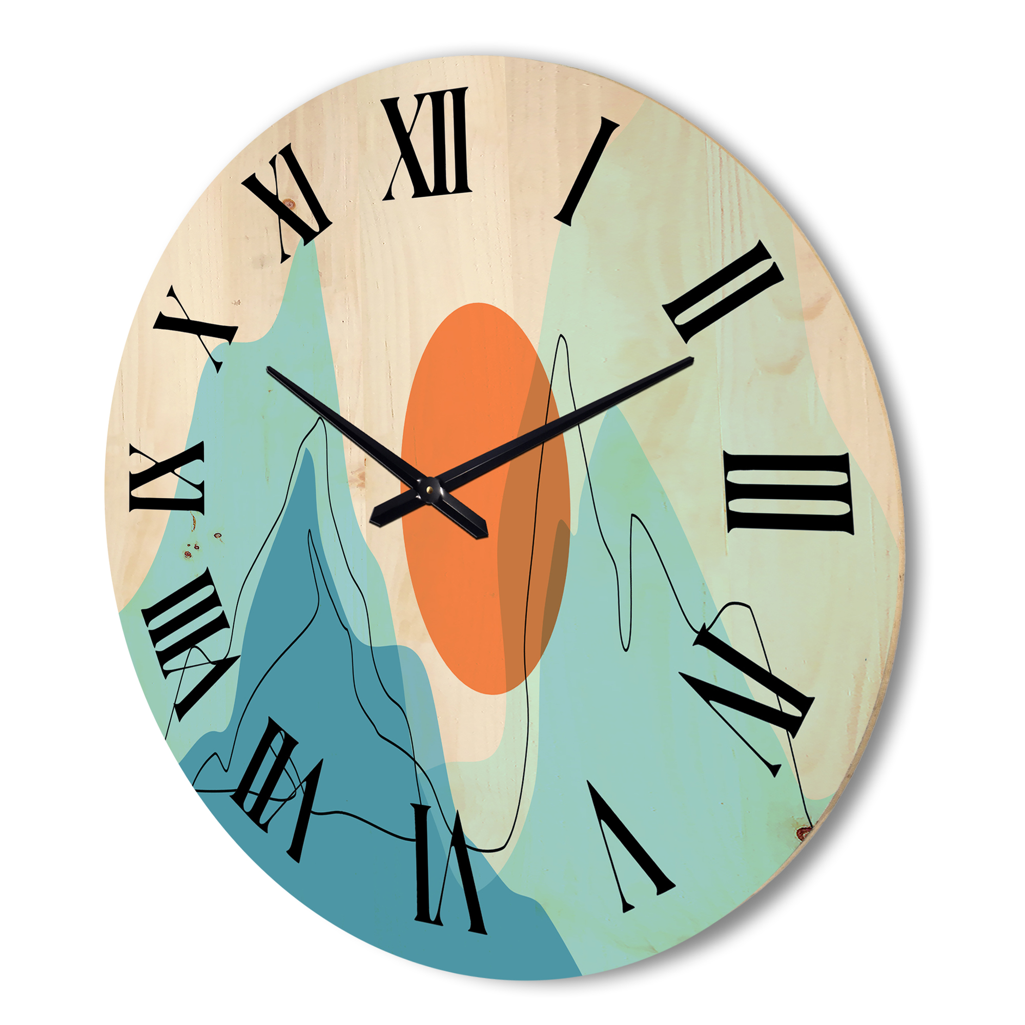 Designart 'Abstract Blue Mountains With Red Moon I' Modern Wood Wall Clock