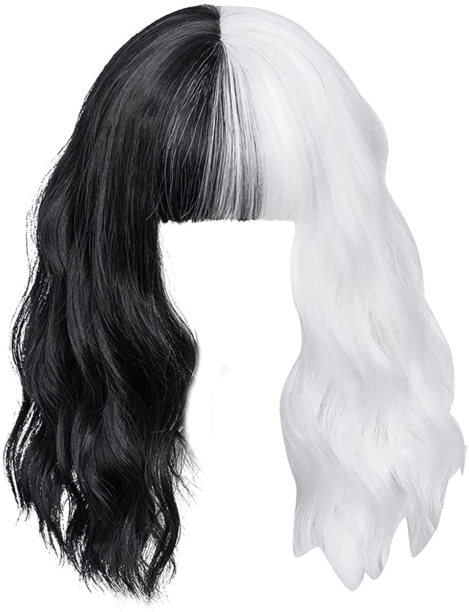 Uniquebe Black and White Wig Short Bob with Bangs Wavy Wig 12" Length