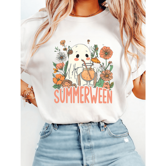 Ghost Halloween Print T-shirts Vintage Summer Cocktail Halloween Graphic Tees Short Sleeve Casual Tops for Daily Outfits Cotton Shirts White,M