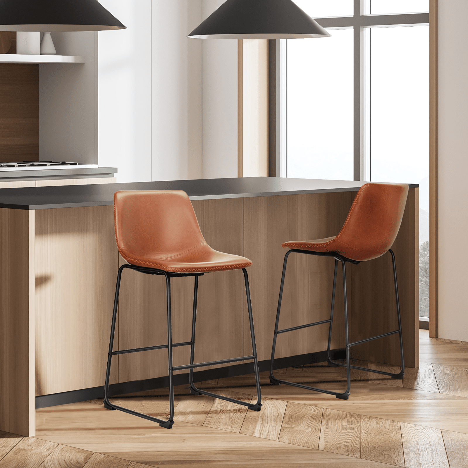 MAYEERTY Armless Barstools Faux Leather Dining Chairs with Metal Legs and Footrest, for Home Office Kitchen Island