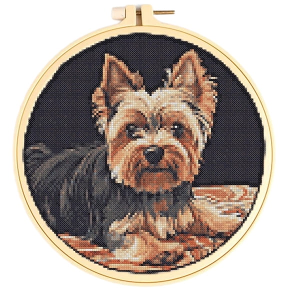 Easy Cross Stitch Kits for Starter Kits Yorkshire Terrier DIY 11CT Pre-printed Stamped Patterns Embroidery Cross Stitching Needlework Kit Set Supplies with Hoop 38x38cm