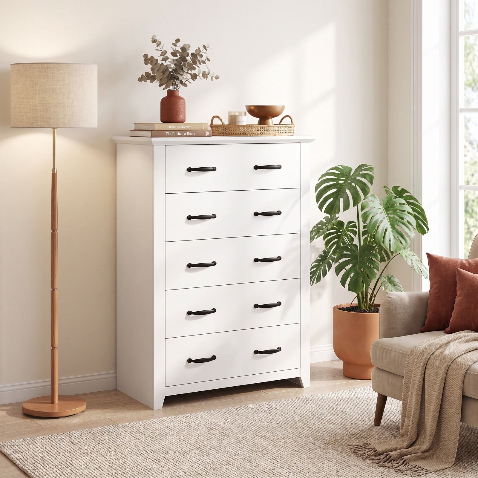 Furnibear Tall Storage Dresser with 5 Pull-out Drawers for Bedroom Living Room for Bedroom Closet Living Room Nursery Clothes Storage, White
