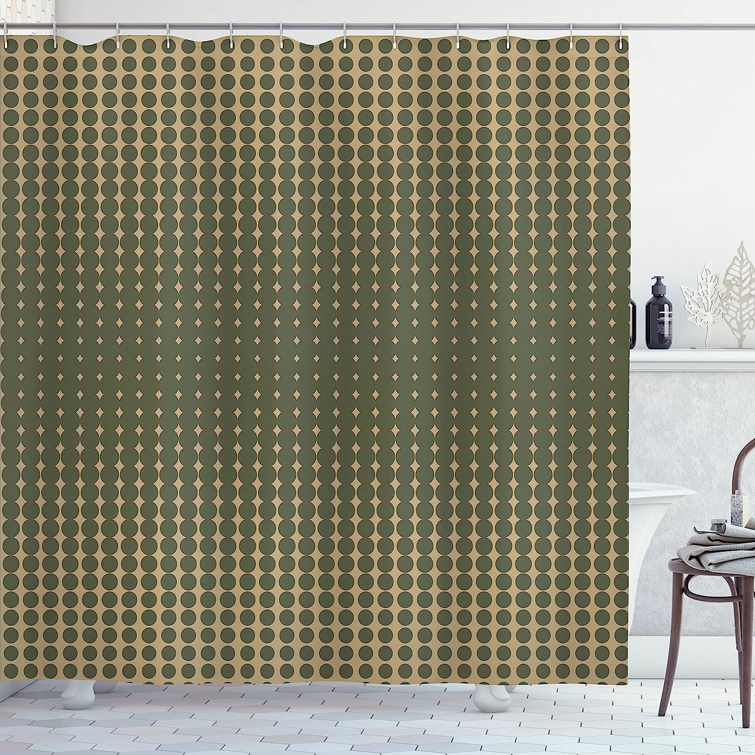 JOOCAR Olive Green Shower Curtain, Abstract Dotted Halftone Design