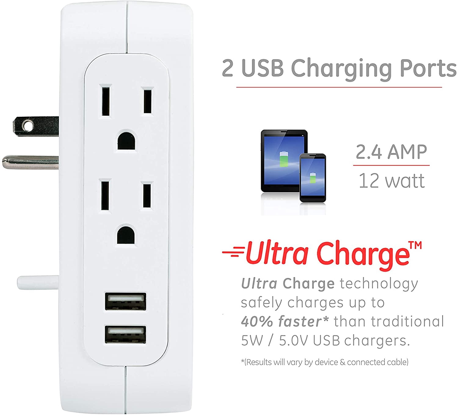 GE Pro Side-Access Swivel Surge Protector, 5-Outlet Wall Tap with 2 USB Ports, 3 Prong, Charging Station, 560 Joules, White, 2 Pack - 55246