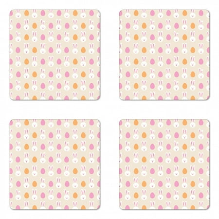 

Easter Coaster Set of 4 Cartoon Style Childish Pattern with Bunny Faces and Egg Silhouettes Square Hardboard Gloss Coasters Standard Size Pale Pink Orange by Ambesonne