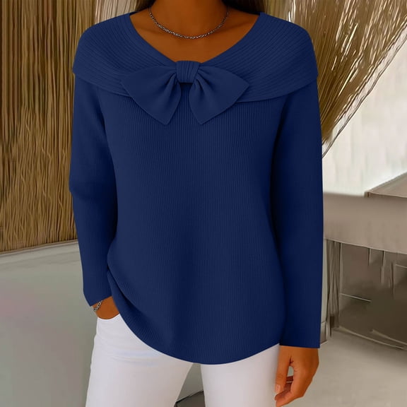 YueHuiYing Womens Bow Sweater Cropped V Neck Long Sleeve Fall Cozy Knit Loose Trendy Pullover Sweaters