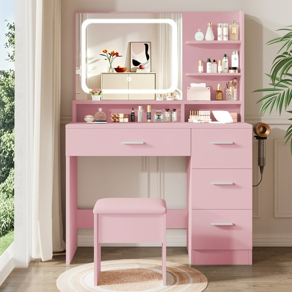 LIVELYGLOW Vanity Desk with Mirror,LED Lights and Power Outlet, Makeup Vanity Table Set with 4 Drawers and 3 Storage Shelves, Dressing Table with 3 Lighting Modes for for Bedroom,Pink